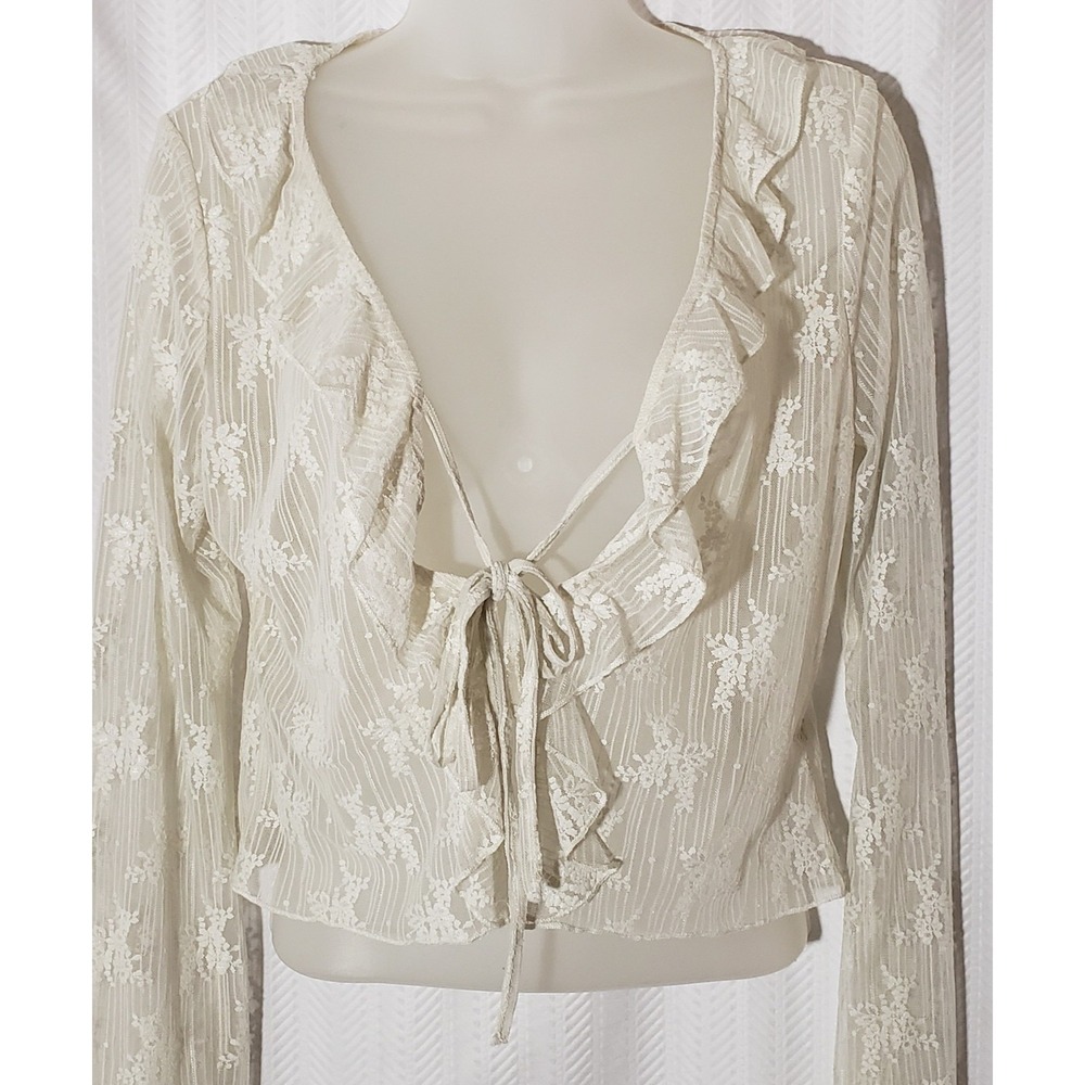 Thirty Thirty Lace Cardigan Top M Fairy Whimsical Tie Front Ruffle Coquette